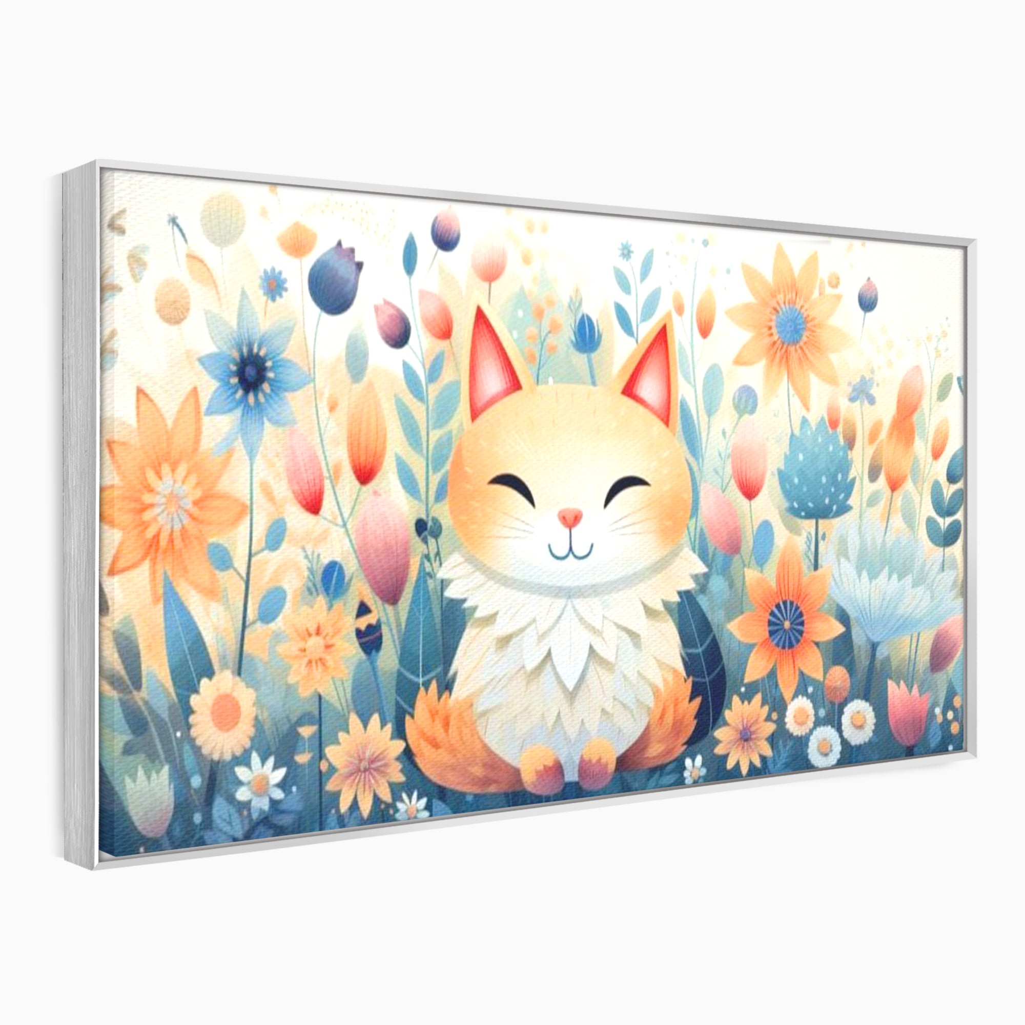 Tablou canvas cu tablou canvas cu pisicuta in gradina cu flori, in rama de aluminiu argintiu